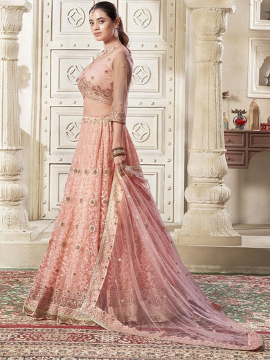 Adorable Peach Color Thread Work Net Engagement Wear Lehenga Choli - Ethnic Plus In